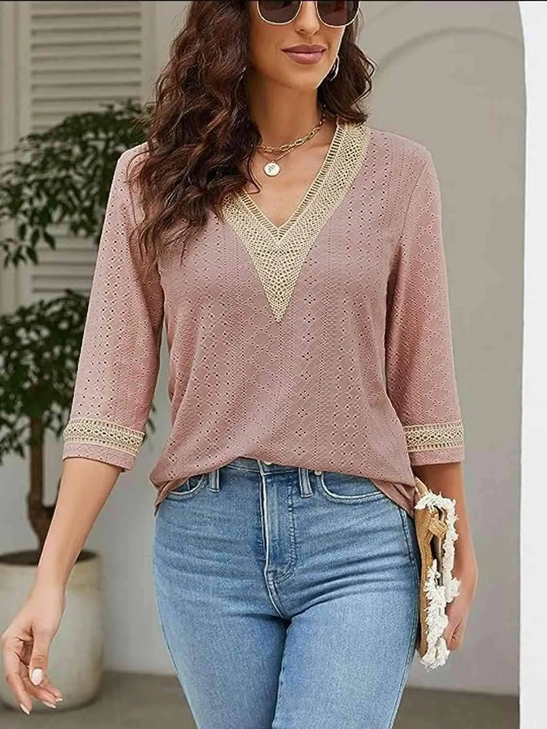 V-Neck Eyelet Blouse Light Mauve Blouses - Tophatter Daily Deals