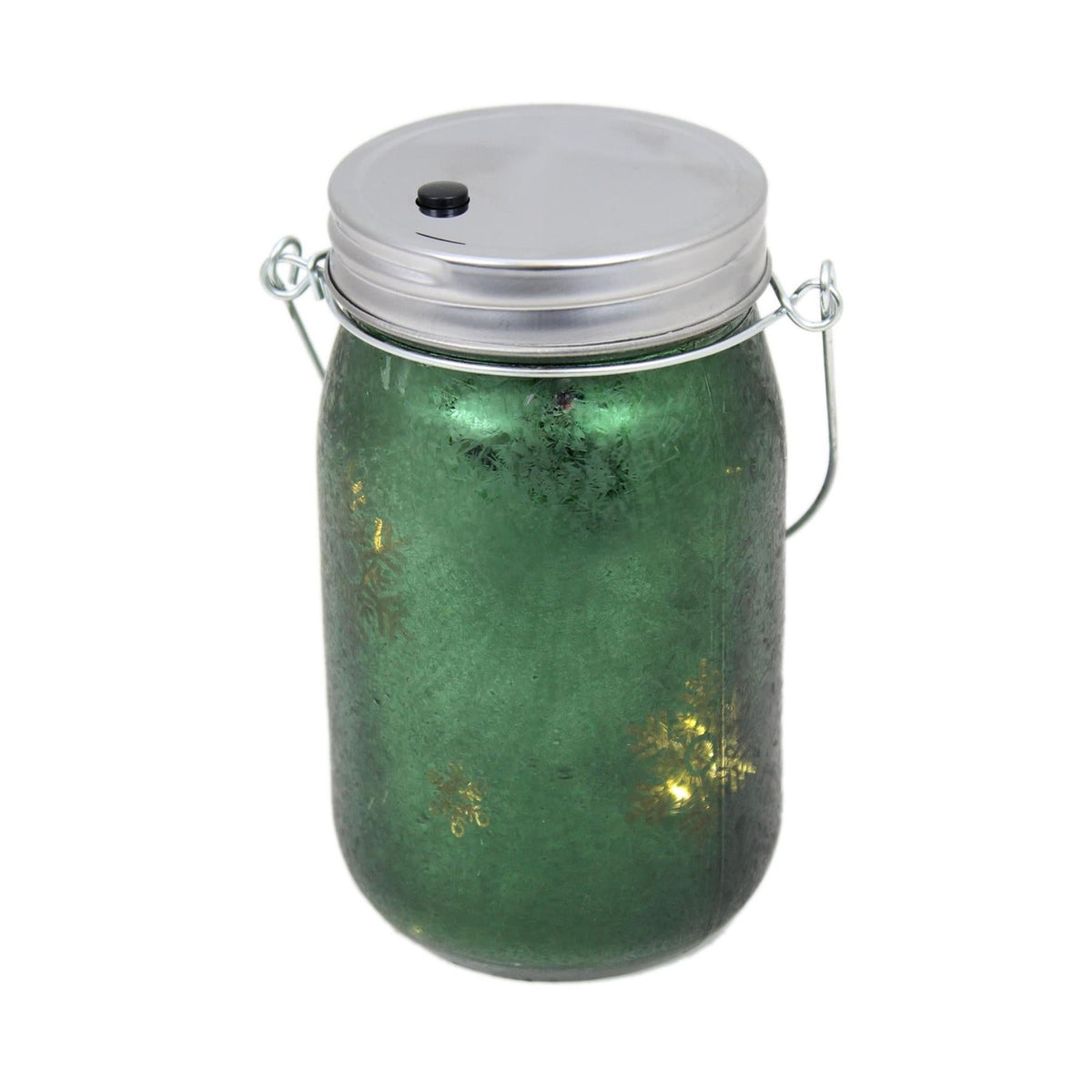 Frosted Glass Light Up Snowflake LED Mason Jar Christmas Lantern With Handle ~ Green Lantern - Tophatter Daily Deals