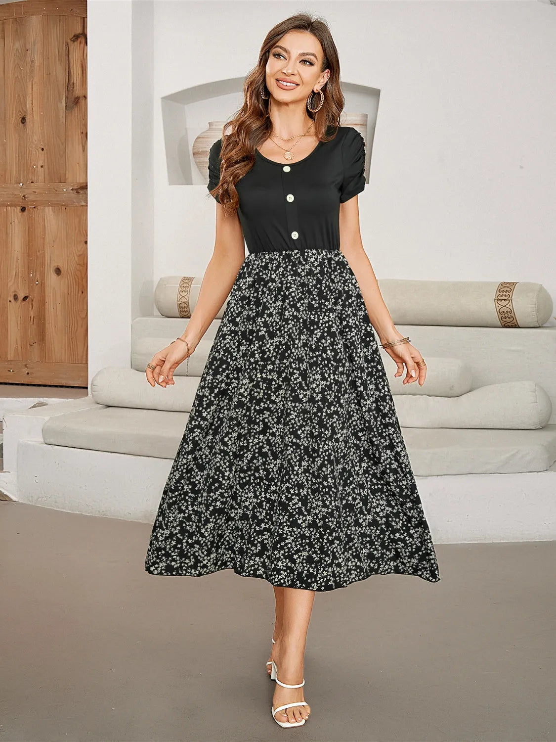 Printed Round Neck Short Sleeve Midi Dress Black Casual Dresses - Tophatter Daily Deals