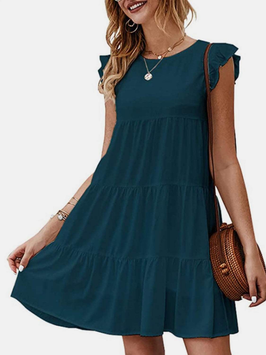 Ruffled Round Neck Cap Sleeve Mini Dress French Blue Casual Dresses - Tophatter Daily Deals