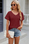 Eyelet V-Neck Short Sleeve T-Shirt Wine Women's T-Shirts - Tophatter Daily Deals