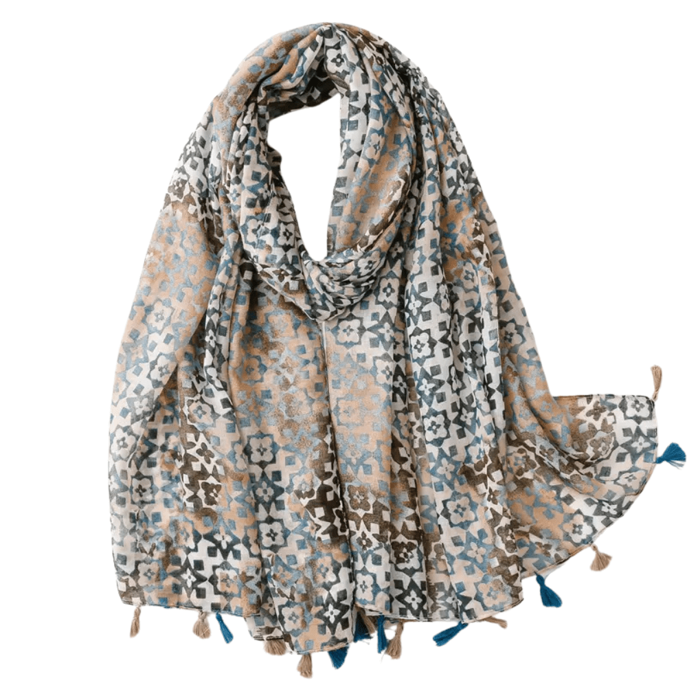 Blue and Beige Ornate Patterned Chiffon Scarf Multi Scarves - Tophatter Daily Deals