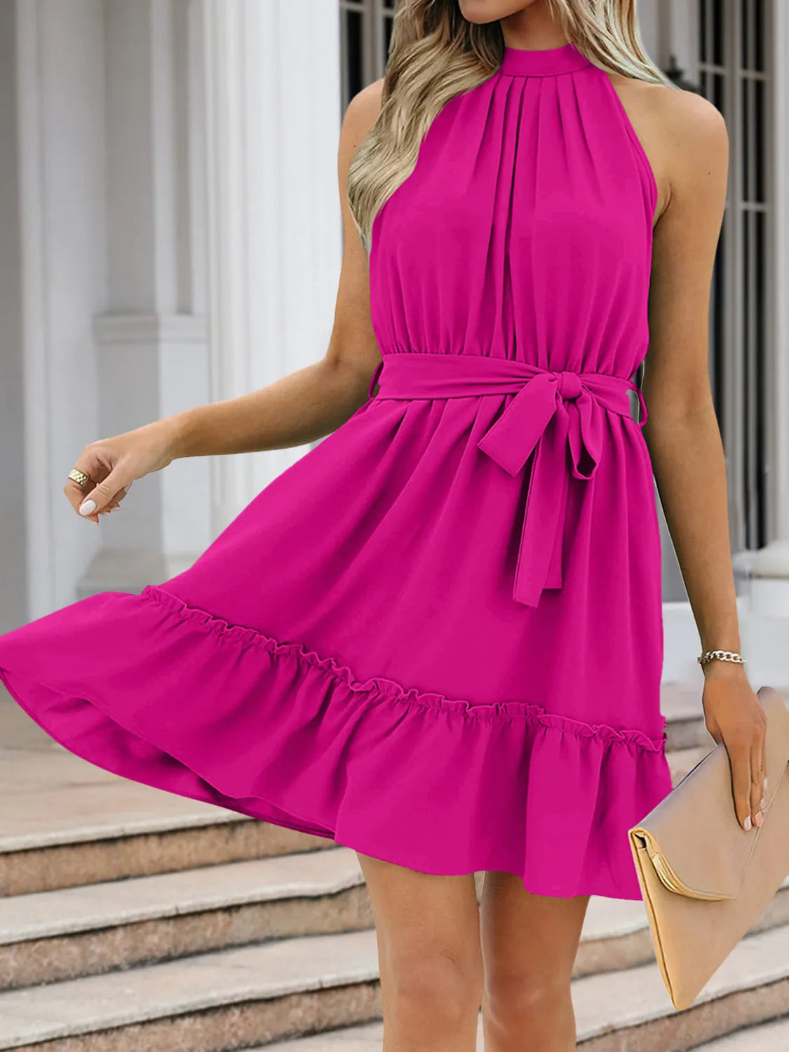 Ruched Grecian Neck Tie Waist Mini Dress Hot Pink Casual Dresses - Tophatter Daily Deals