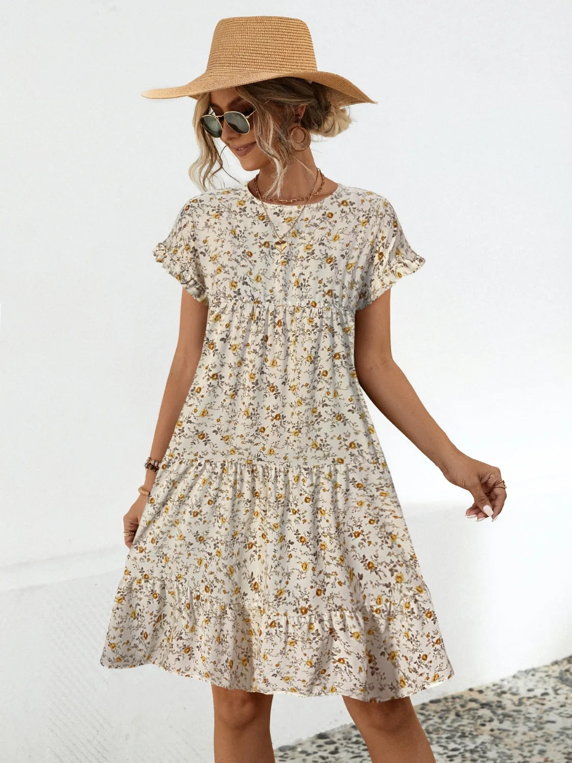 Frill Floral Round Neck Short Sleeve Tiered Dress Casual Dresses - Tophatter Daily Deals