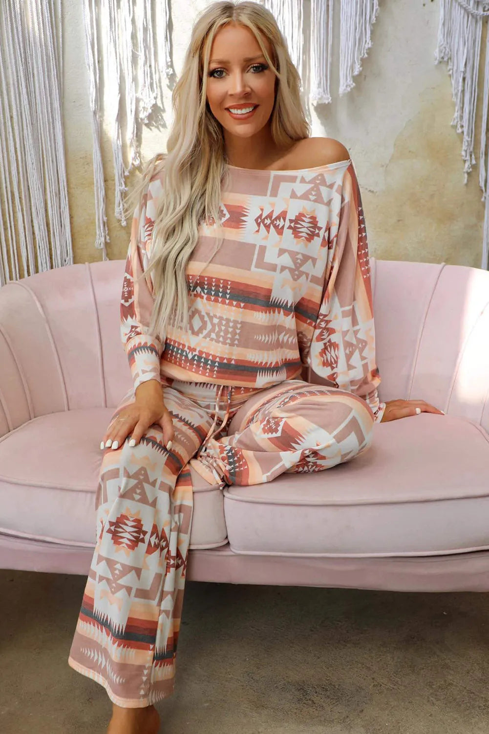 Multicolour Aztec Print Puff Sleeve Pullover and Pants Lounge Outfit Loungewear & Sleepwear/Sleepwear - Tophatter Daily Deals