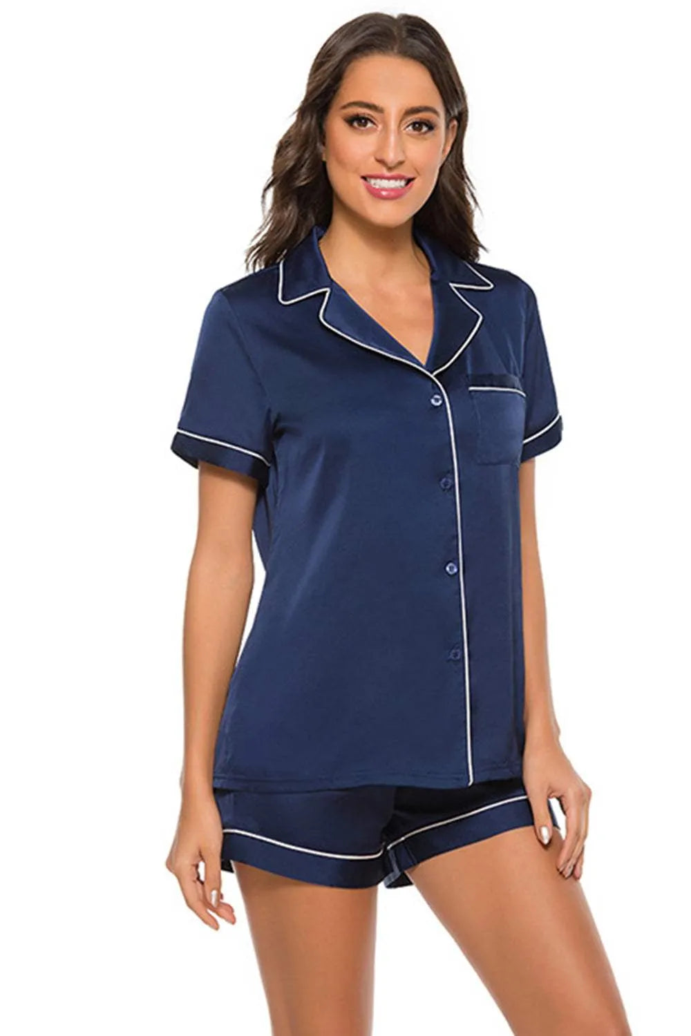 Printed Button Up Short Sleeve Top and Shorts Lounge Set Loungewear Sets - Tophatter Daily Deals
