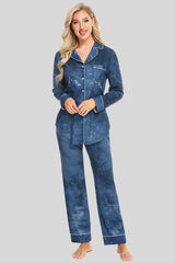 Collared Neck Long Sleeve Loungewear Set with Pockets French Blue Loungewear Sets - Tophatter Daily Deals