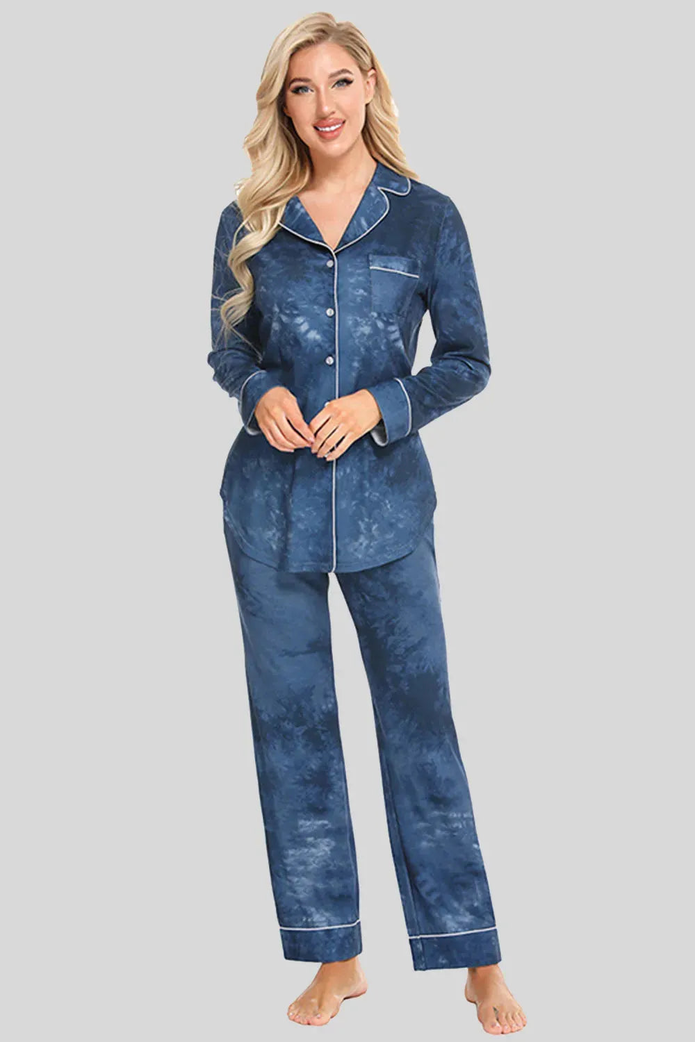 Collared Neck Long Sleeve Loungewear Set with Pockets French Blue Loungewear Sets - Tophatter Daily Deals