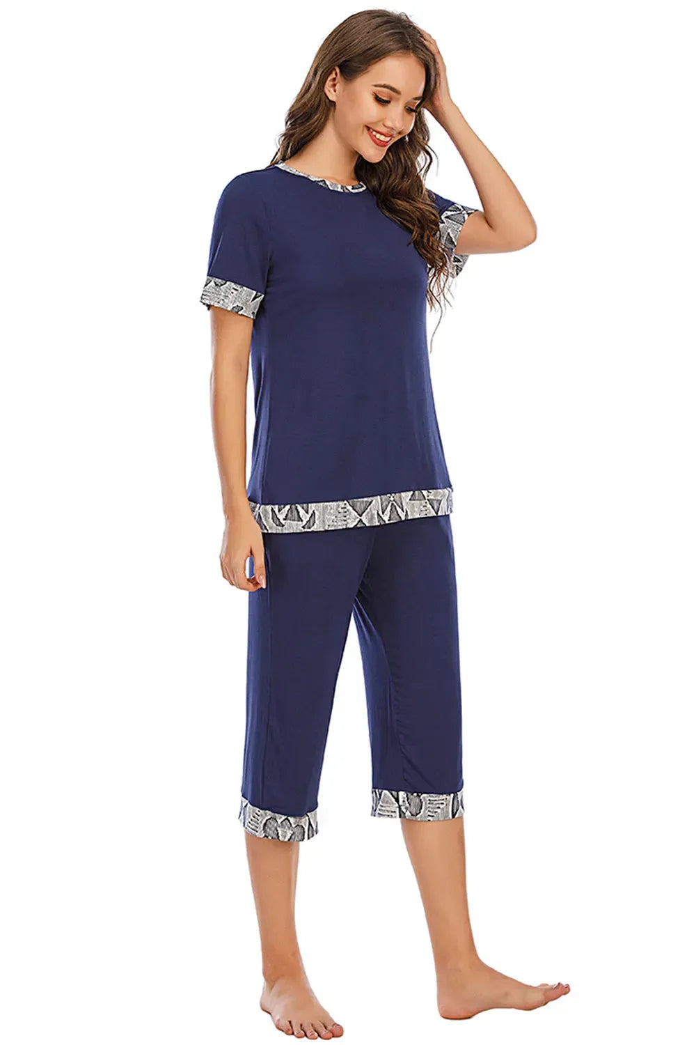 Round Neck Short Sleeve Top and Capris Pants Lounge Set Loungewear Sets - Tophatter Daily Deals