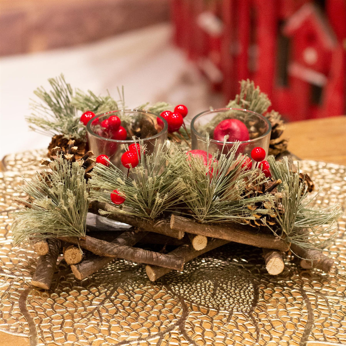 Handcrafted Christmas Double Tealight Candle Holder ~ Xmas Table Centrepiece Candle Holder - Tophatter Daily Deals