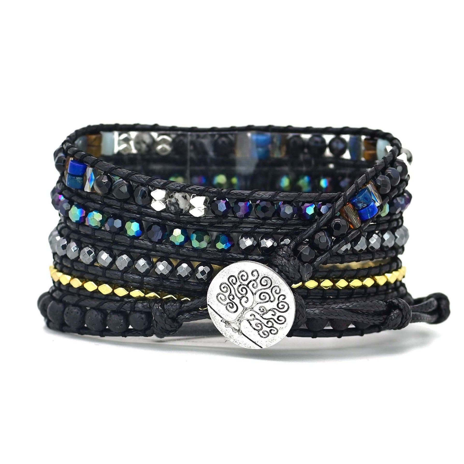 Black Retro Woven Watch Band Natural Stone Bead Strap Bracelet 0 - Tophatter Daily Deals