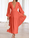 Deep V-Neck Balloon Sleeve Plain Maxi Dress Casual Dresses - Tophatter Daily Deals