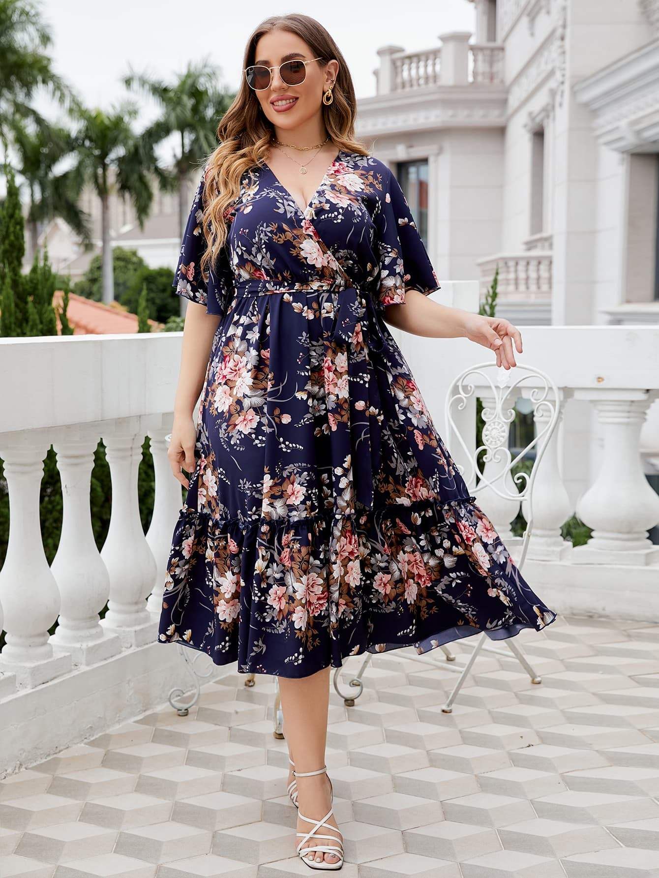 Plus Size Floral Surplice Neck Midi Dress Casual Dresses - Tophatter Daily Deals