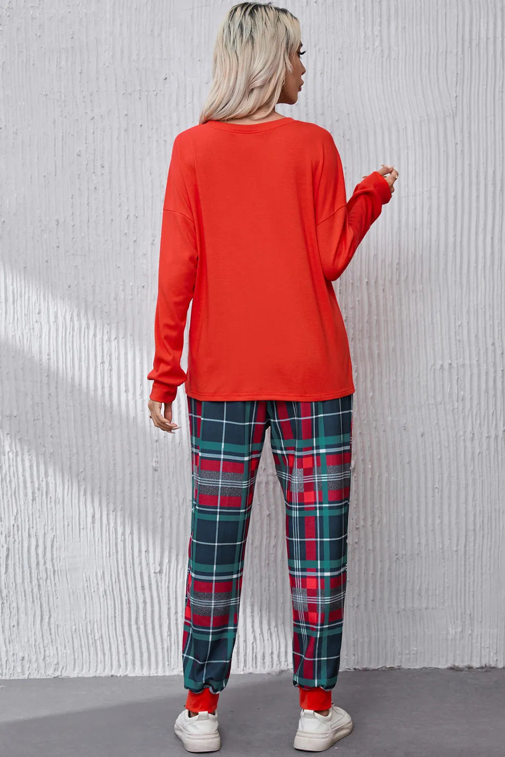 ALL IS BRIGHT Round Neck Top and Plaid Pants Lounge Set Loungewear Sets - Tophatter Daily Deals