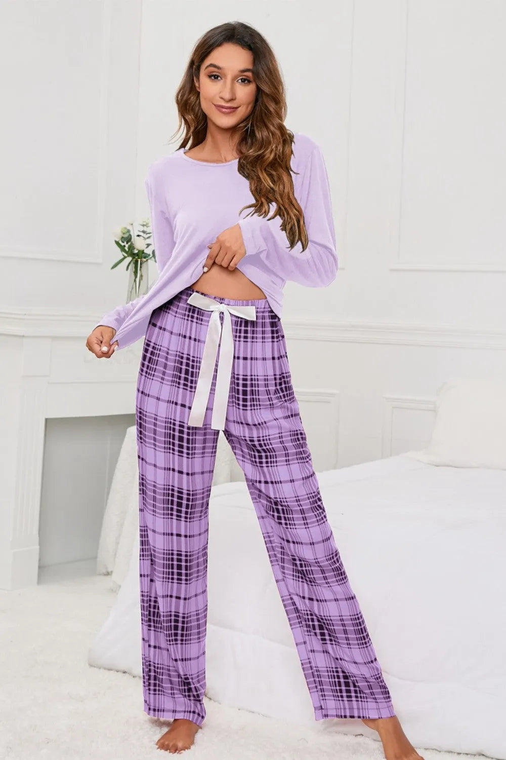 Round Neck Long Sleeve Top and Bow Plaid Pants Lounge Set Lavender Loungewear Sets - Tophatter Daily Deals