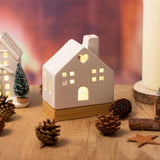 White Ceramic LED Christmas House Ornament On Bamboo Base | Light up Decoration Ornament - Tophatter Daily Deals