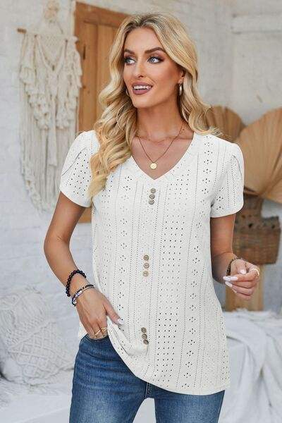 Decorative Button Eyelet V-Neck Short Sleeve T-Shirt White Women's T-Shirts - Tophatter Daily Deals