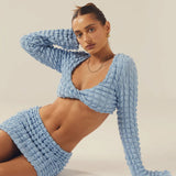 Bubble Plaid Twisted Sexy Hot Girl Long Sleeve Short Dress Two-piece Set 0 - Tophatter Daily Deals