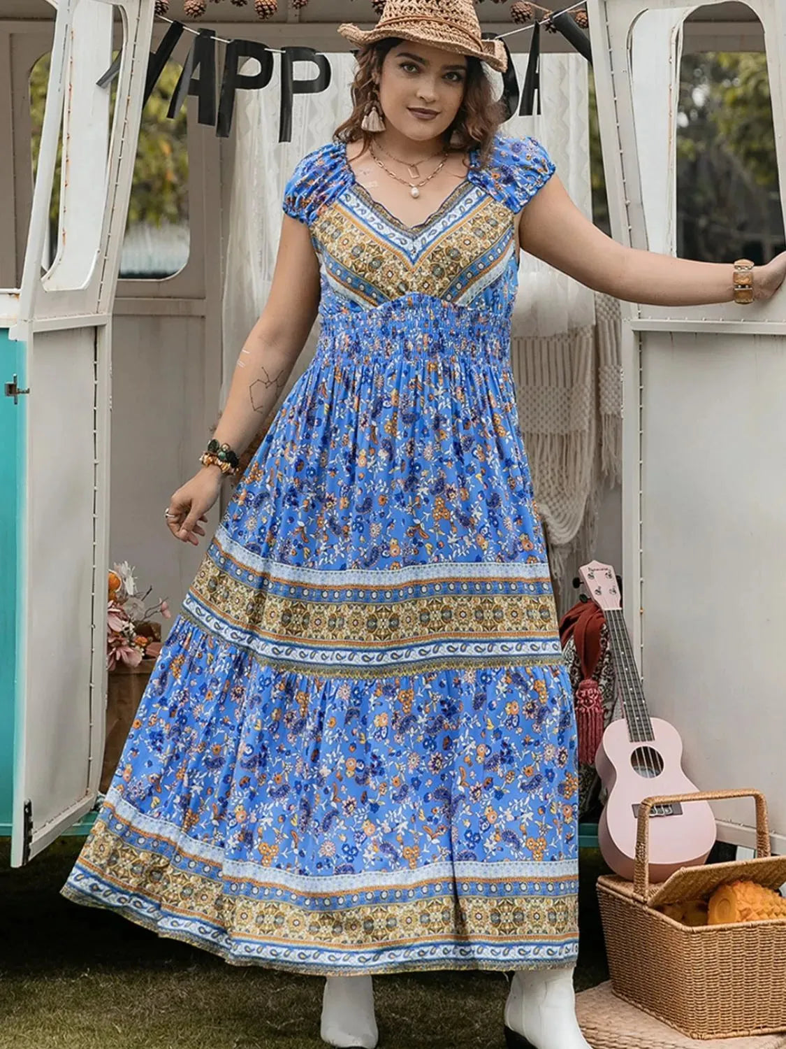 Plus Size Smocked Printed Cap Sleeve Dress Casual Dresses - Tophatter Daily Deals