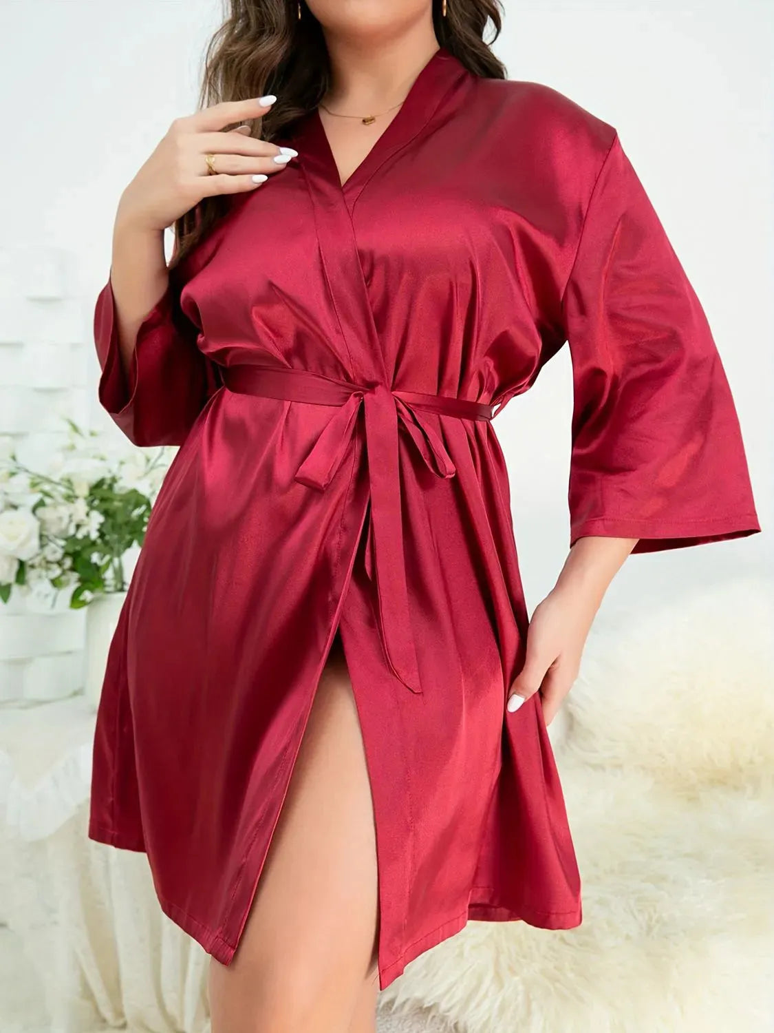 Plus Size Surplice Neck Tie Waist Robe Sleep Dresses - Tophatter Daily Deals