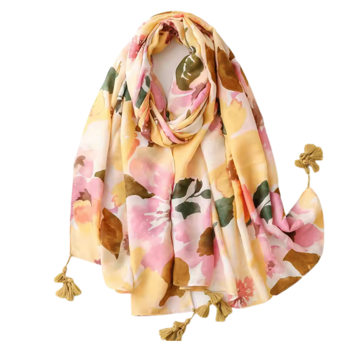 Floral Watercolor Print Scarf with Tassel Accents Multi Scarves - Tophatter Daily Deals