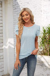 Eyelet Round Neck Petal Sleeve T-Shirt Misty Blue Women's T-Shirts - Tophatter Daily Deals