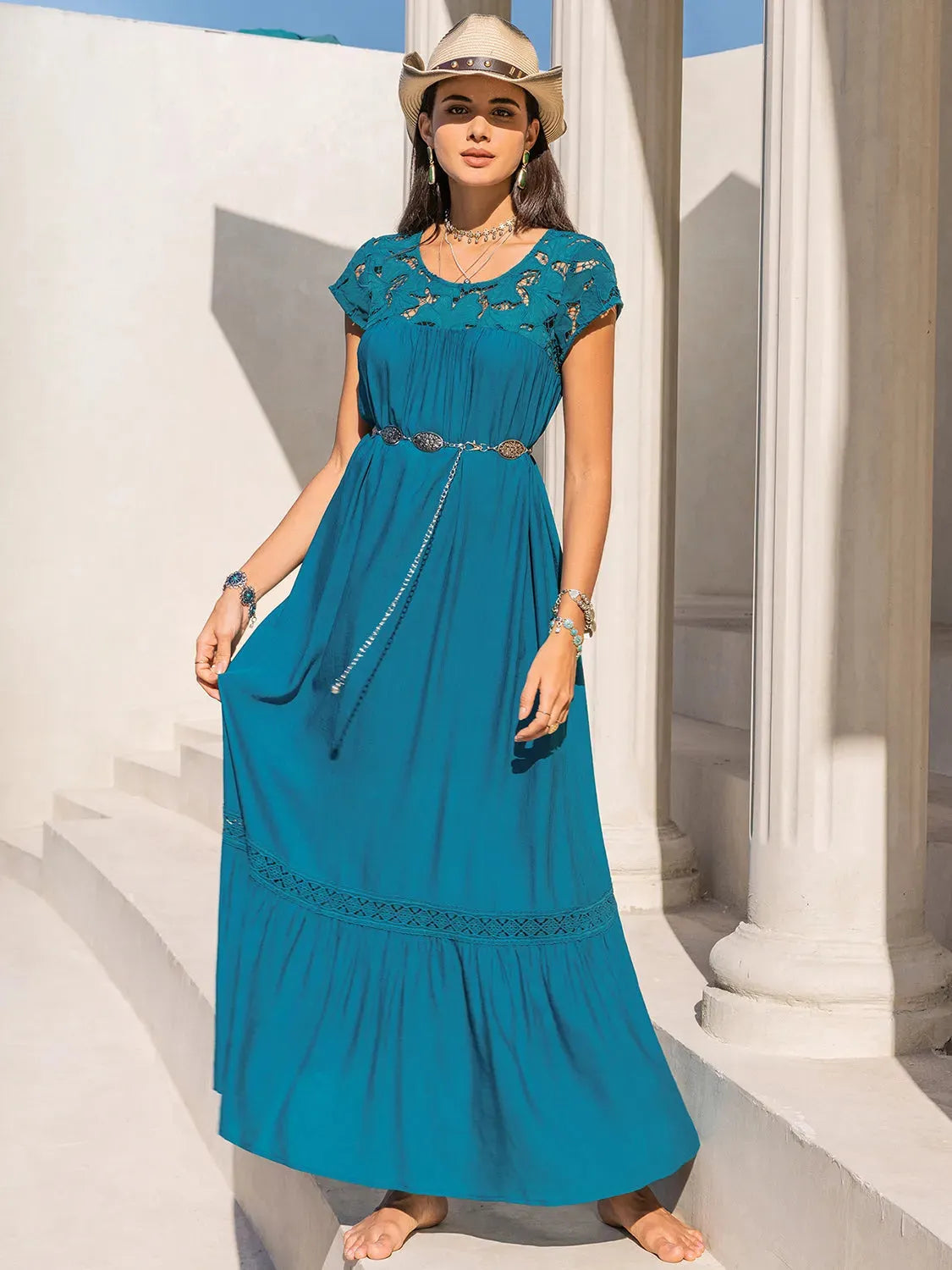 Round Neck Short Sleeve Maxi Dress Sky Blue Casual Dresses - Tophatter Daily Deals