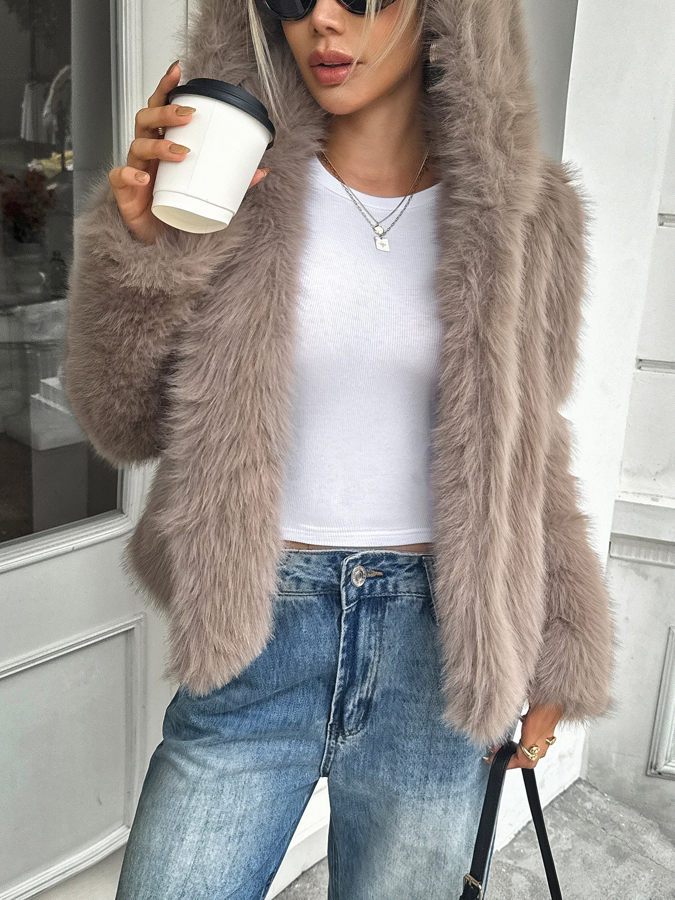 Warm Women's Fleece Coat - Boxy Hip Length, Faux Fur Coffee Color 3D Changing Face Moving Picture Frame - Tophatter Daily Deals