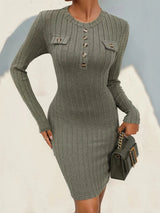 Decorative Button Round Neck Long Sleeve Dress Casual Dresses - Tophatter Daily Deals