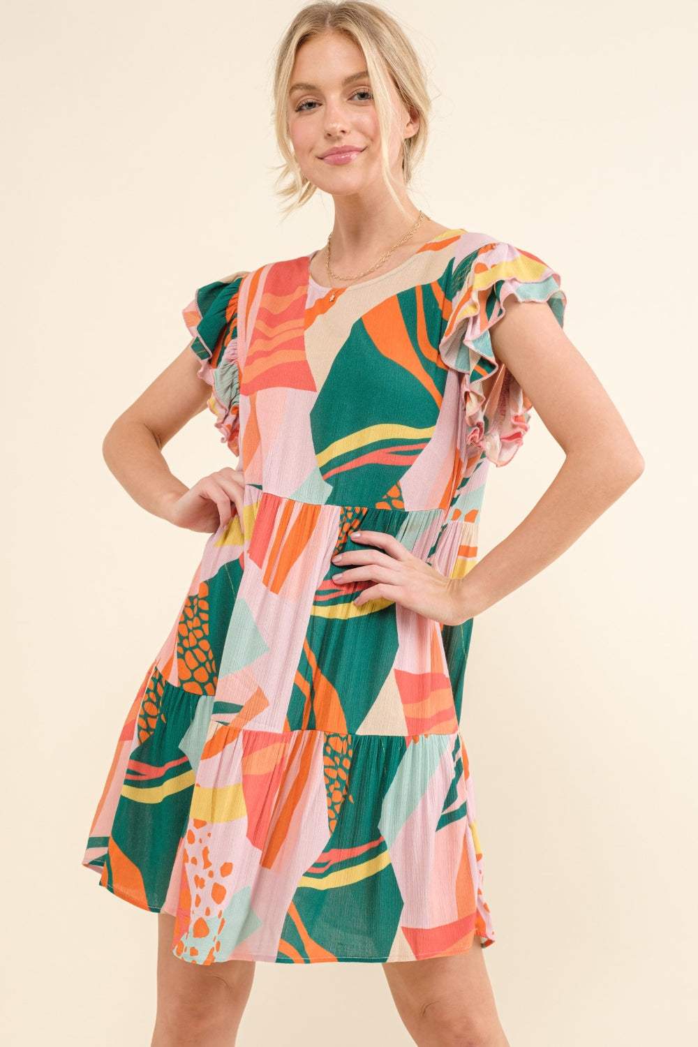 And The Why Printed Double Ruffle Sleeve Dress Casual Dresses - Tophatter Daily Deals