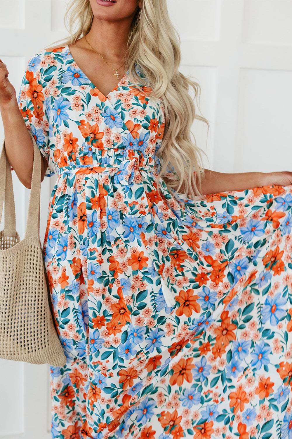 Tied Slit Printed Half Sleeve Maxi Dress Casual Dresses - Tophatter Daily Deals