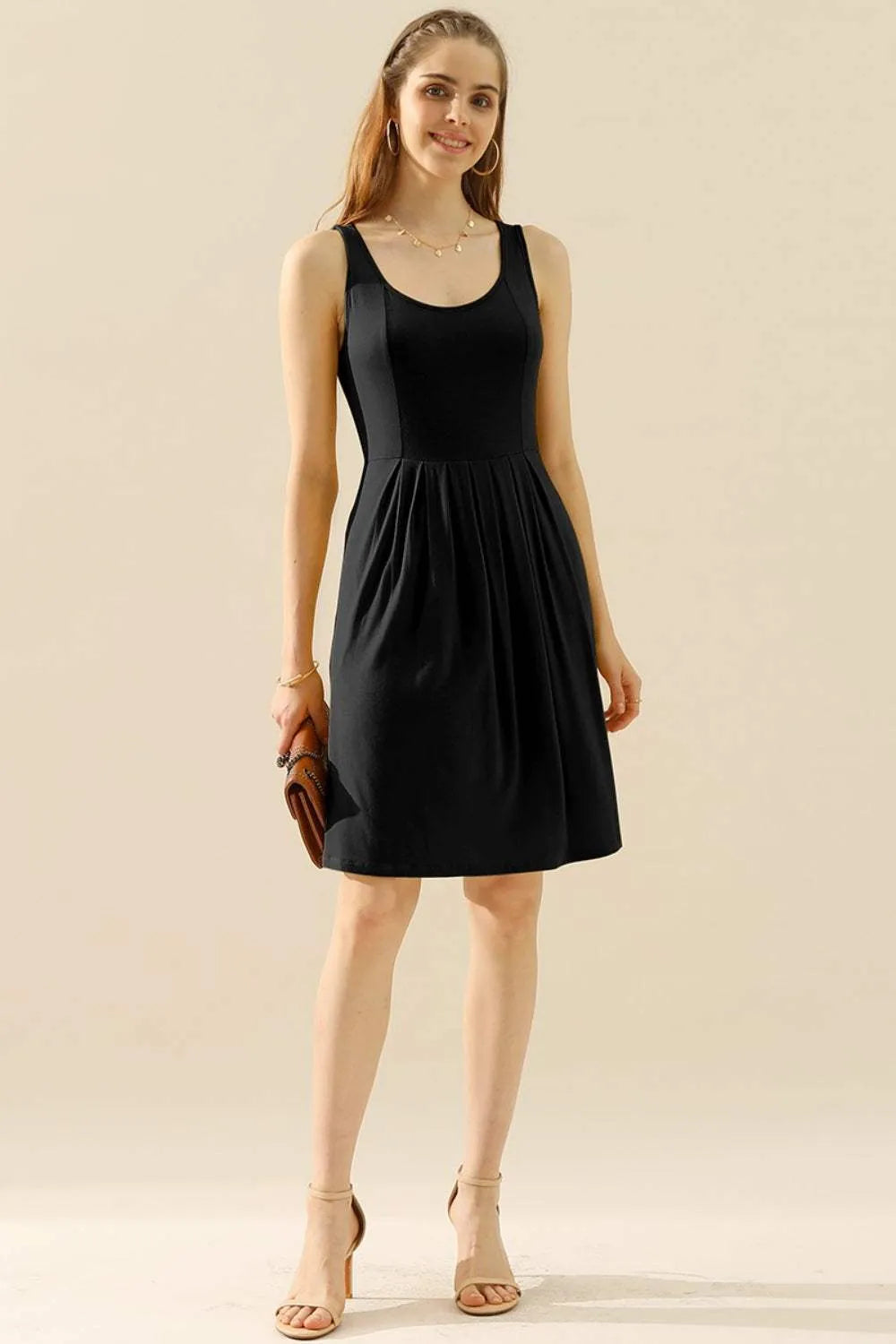 Doublju Full Size Round Neck Ruched Sleeveless Dress with Pockets Black Cocktail Dresses - Tophatter Daily Deals