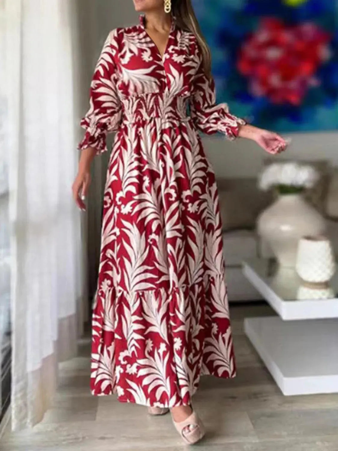 Printed Flounce Sleeve Maxi Dress Deep Red Casual Dresses - Tophatter Daily Deals