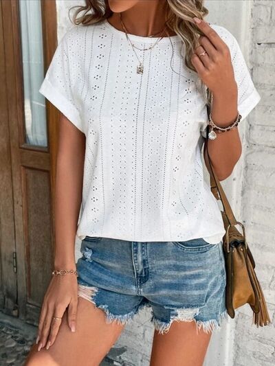 Eyelet Round Neck Short Sleeve T-Shirt White Women's T-Shirts - Tophatter Daily Deals