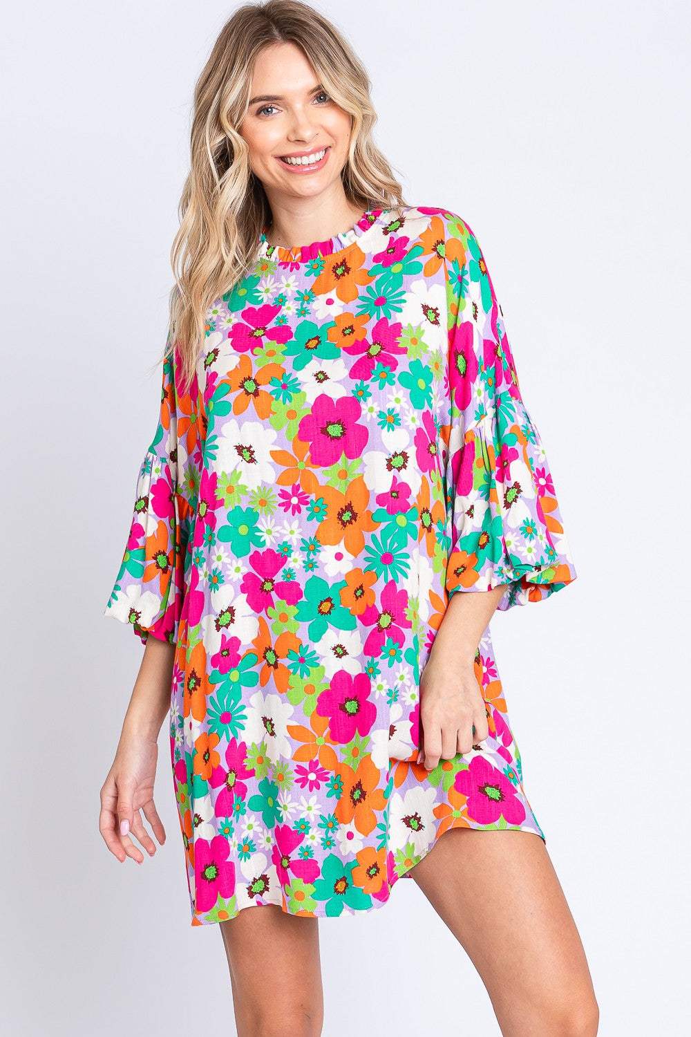 GeeGee Full Size Floral Round Neck Lantern Sleeve Mini Dress Multi Casual Dresses - Tophatter Daily Deals