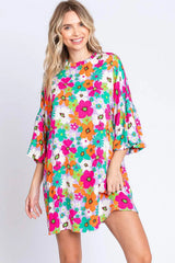 GeeGee Full Size Floral Round Neck Lantern Sleeve Mini Dress Multi Casual Dresses - Tophatter Daily Deals