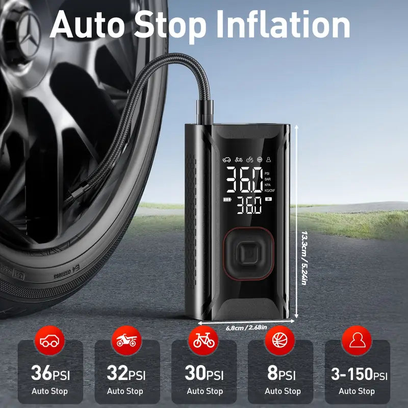 Tire Inflator Portable Air Compressor – Cordless 150PSI Pump with 10000mAh Battery for Car, Bike, Motorcycle, and Ball Automotive - Tophatter Daily Deals