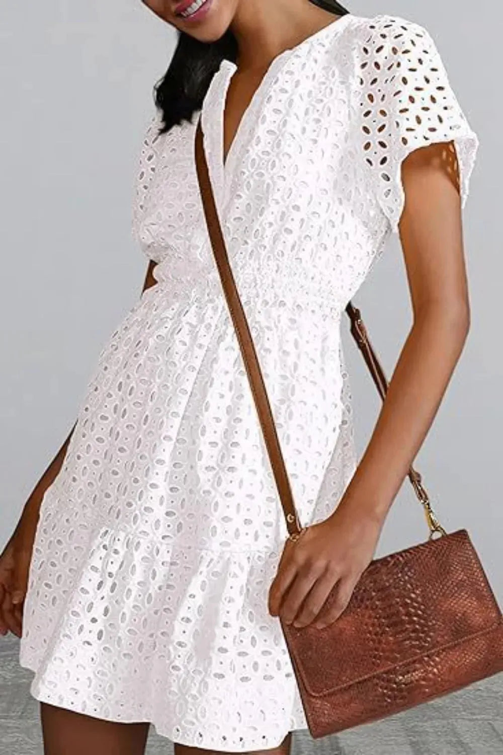 Eyelet Notched Short Sleeve Mini Dress Casual Dresses - Tophatter Daily Deals