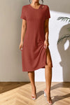 Ribbed Asymmetrical Neck Short Sleeve Dress Casual Dresses - Tophatter Daily Deals