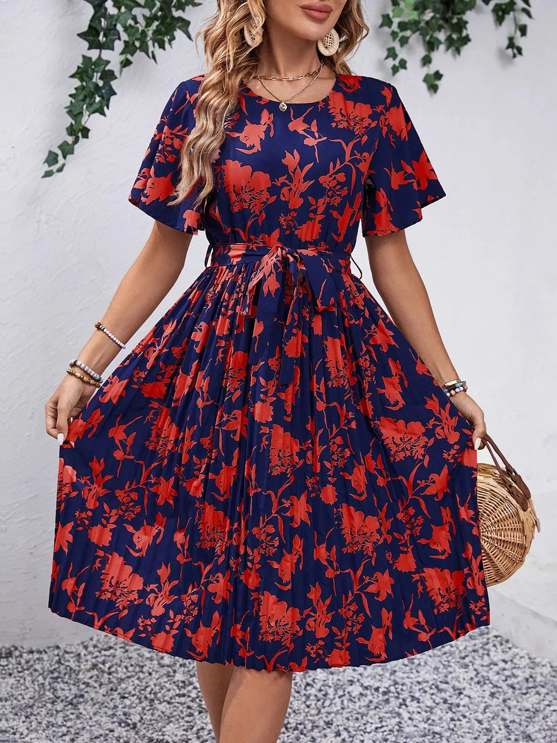 Printed Round Neck Short Sleeve Dress Deep Red Casual Dresses - Tophatter Daily Deals