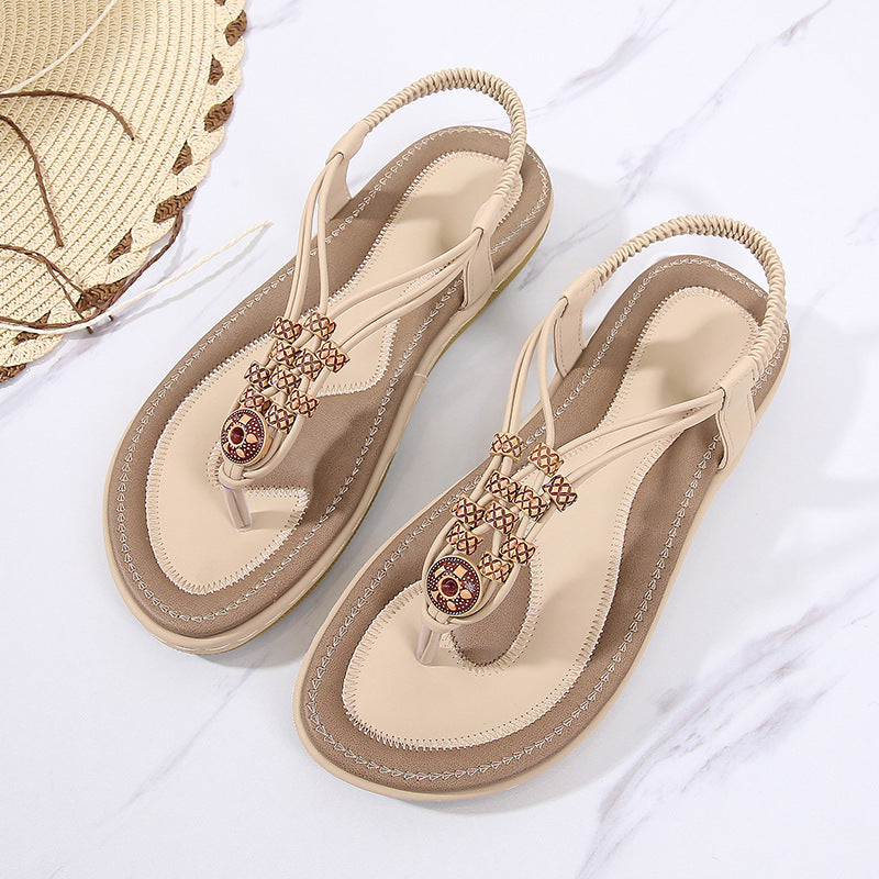 Bohemian Wooden Bead Woven Plus Size Flat Shoes Apricot 0 - Tophatter Daily Deals