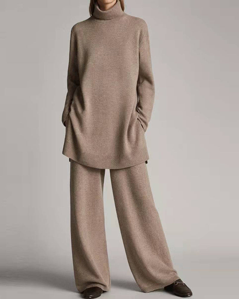 Sweater Top Wide Leg Pants Sets Coffee Two Pieces Sets - Tophatter Daily Deals
