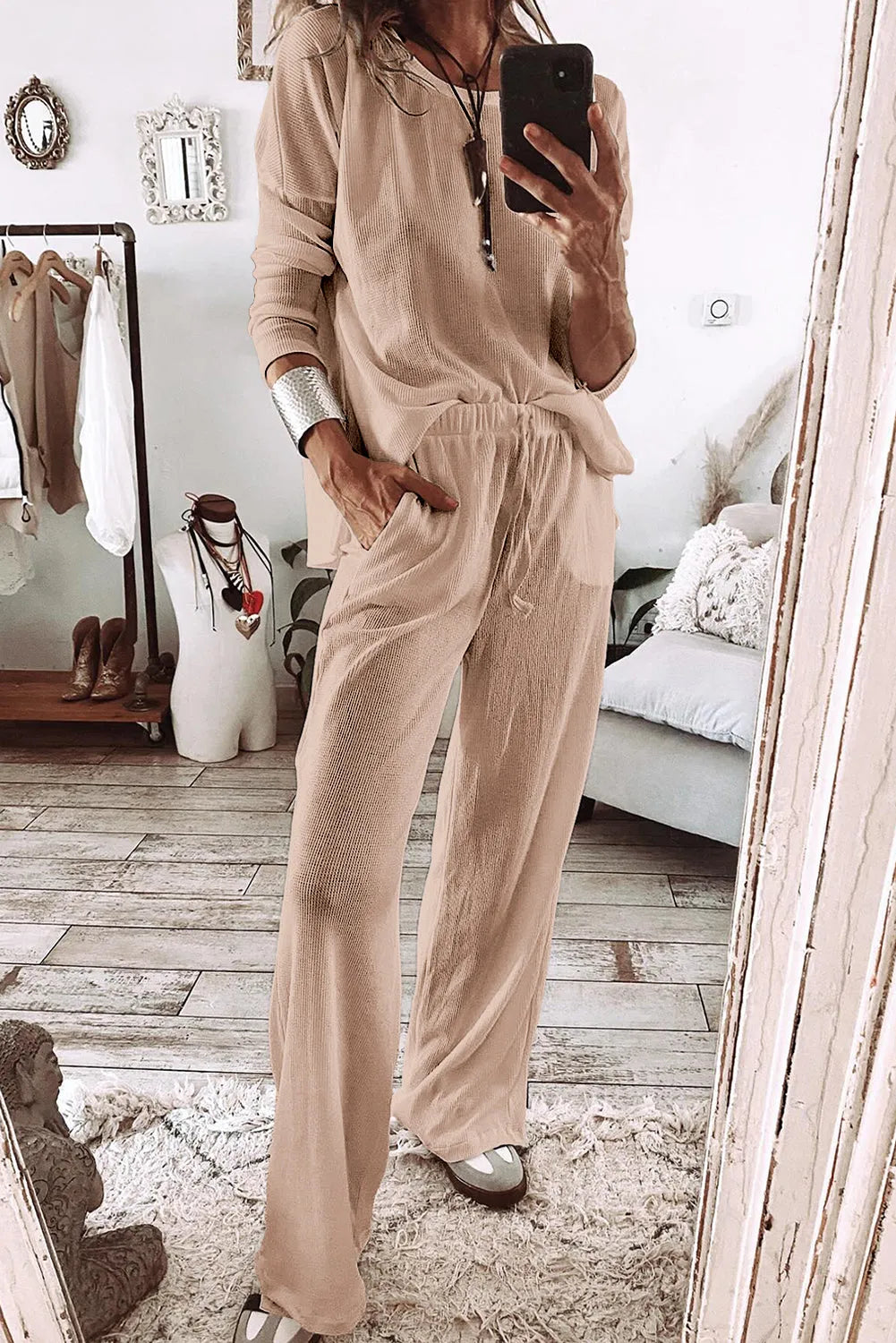 Parchment Textured Long Sleeve T Shirt and Pants Lounge Set Parchment 75%Polyester+25%Cotton Loungewear & Sleepwear/Loungewear - Tophatter Daily Deals