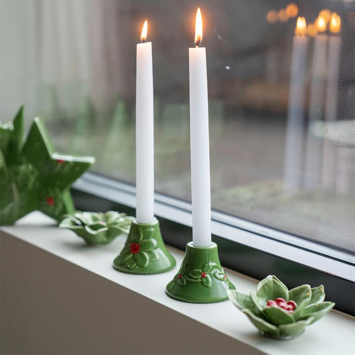 Set of 2 Green Ceramic Christmas Candlesticks | Holly and Berry Candle Holders Candle Holder - Tophatter Daily Deals