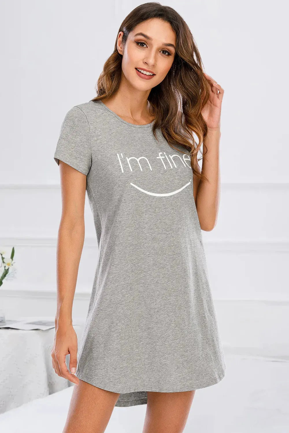 Graphic Round Neck Short Sleeve Lounge Dress Heather Gray Sleep Dresses - Tophatter Daily Deals