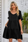 V-Neck Flounce Sleeve Tiered Dress Black Casual Dresses - Tophatter Daily Deals