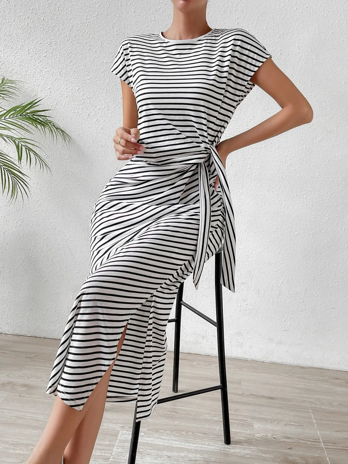 Tied Striped Round Neck Short Sleeve Tee Dress Casual Dresses - Tophatter Daily Deals