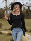 Full Size Ribbed Square Neck Long Sleeve T-Shirt Black Women's T-Shirts - Tophatter Daily Deals