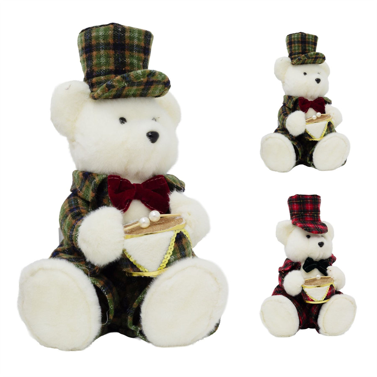 Sitting Christmas Bear Decoration | Fluffy Bear in Tartan Uniform with Drum Ornament - Tophatter Daily Deals