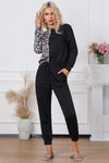 Leopard Round Neck Top and Drawstring Pants Lounge Set Black Loungewear Sets - Tophatter Daily Deals